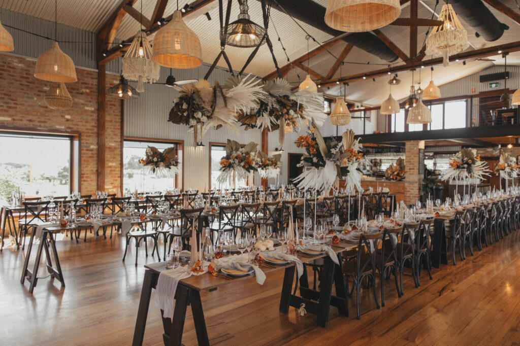 The Vine Shed is a purpose-built function centre in McLaren Vale, Fleurieu Peninsula, with modern industrial styling, ideal for wedding ceremony and reception, overlooking a lake and vineyards