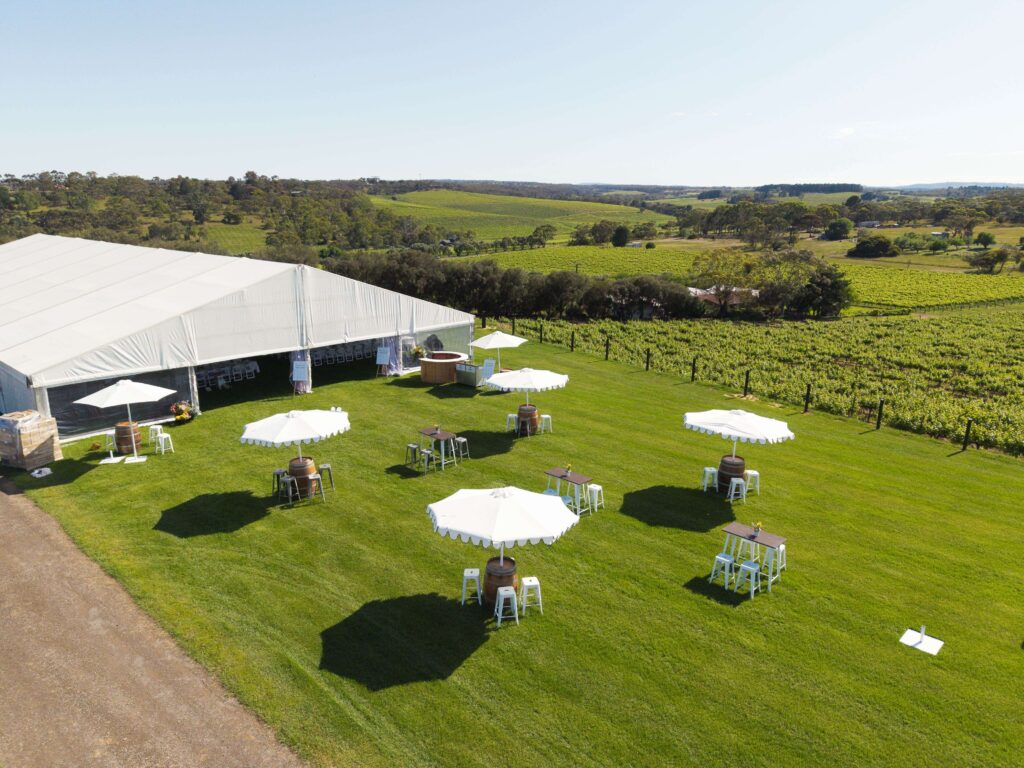 The Terrace at Chalk Hill Wines is a marquee-ready dry-hire wedding venue in McLaren Vale, offering total flexibility, loads of space for up to 600 guests, vineyard views and event room for a helicopter landing.